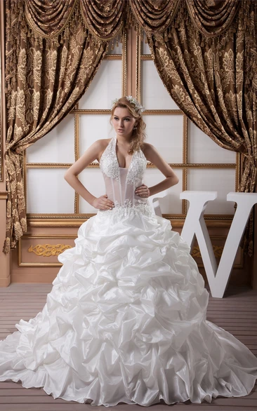 Deep-V-Neck Ruffled Pick-Up Illusion Waist and Gown With Appliques