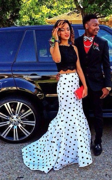 Gorgeous Two Pieces Prom Dresses Black Lace Mermaid Dot