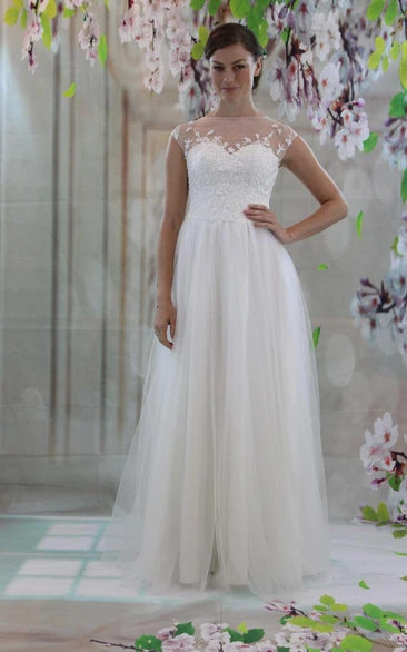 Cap Sleeve High Neck A-Line Lace and Tulle Dress With Illusion Back