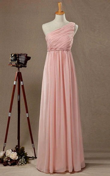 One Shoulder Empire Pleated A-line Chiffon Floor Length Dress