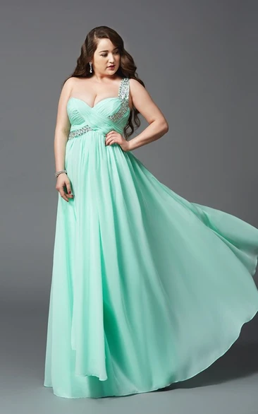 A-line Floor-length One-shoulder Sleeveless Chiffon Criss cross Beading Zipper Dress