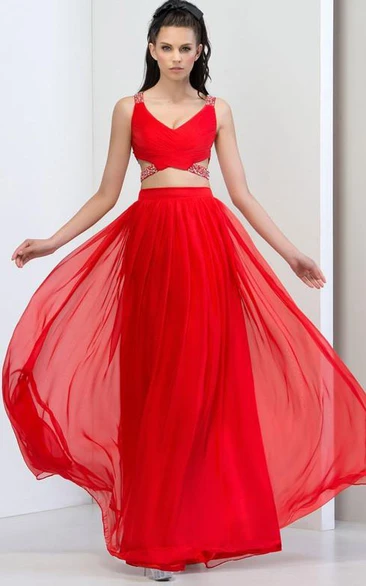 V-Neck Two-Piece Criss-Cross Sequins Prom Dress