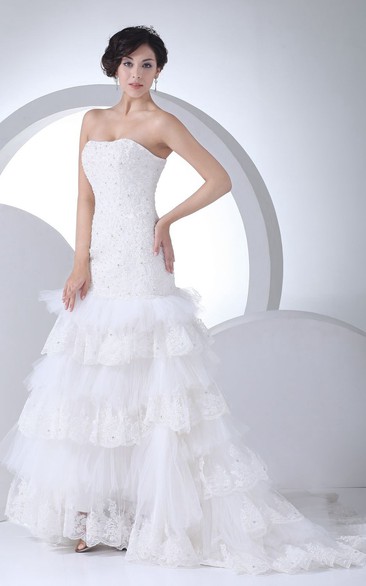 Strapless Mermaid Appliqued Dress With Tiers and Beading
