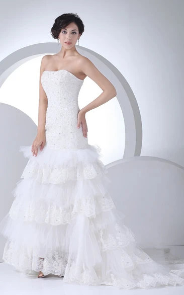 Strapless Mermaid Appliqued Dress With Tiers and Beading
