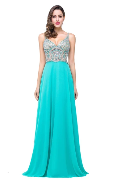 Newest Crystals Spaghetti Strap Prom Dress Open Back A-line