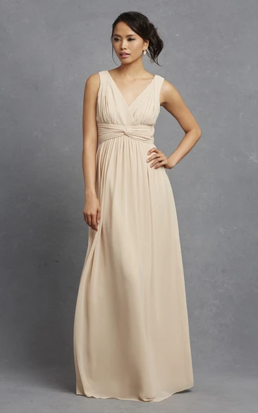 V-Neck Sleeveless Long-Chiffon Chic Dress With Ruching