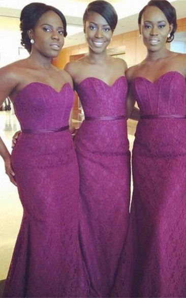 Sexy Mermaid Lace Sweetheart Bridesmaid Dress Sleeveless Sweep Train