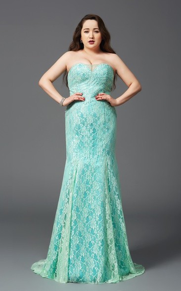 Sheath Floor-length Strapless Sleeveless Lace Brush Train Zipper Dress