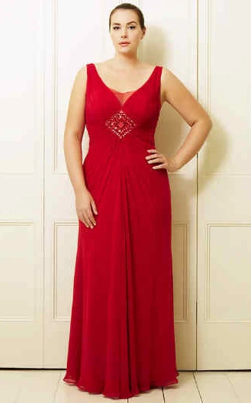 Maxi V-Neck Sleeveless Ruched Chiffon Plus Size Prom Dress With Broach