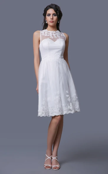 Sleeveless A-Line Short Dress With Illusion Straps and Lace Appliques