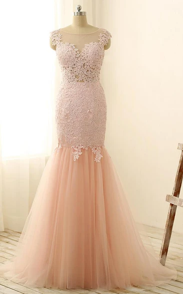 Mermaid Long Appliques Zipper Tulle Lace Dress