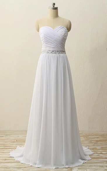 Floor-Length Sweetheart Pleats Beading Zipper Chiffon Dress