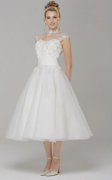 A-Line High Neck Cap-Sleeve Tea-Length Tulle Wedding Dress With Appliques And Illusion