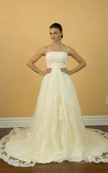 Strapless A-Line Lace Dress With Beadings and Low-V Back