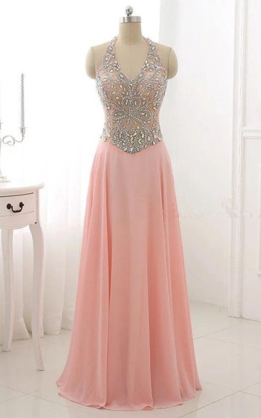 Floor-length Halter Backless Chiffon Dress With Beading