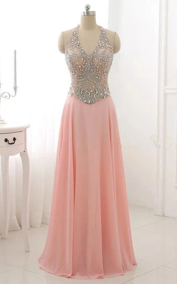 Floor-length Halter Backless Chiffon Dress With Beading