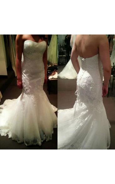 Strapless Mermaid Tulle Gown With Appliques and Lace-up