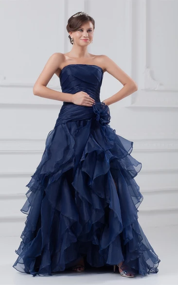 Strapless Ruffled Front-Split Sweep Train and Dress With Flower
