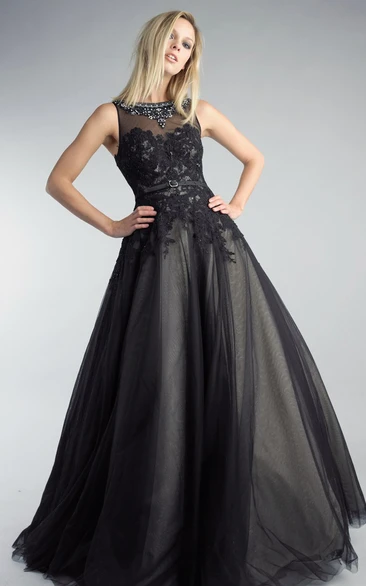 A-line Floor-length High Neck Sleeveless Tulle Illusion Dress