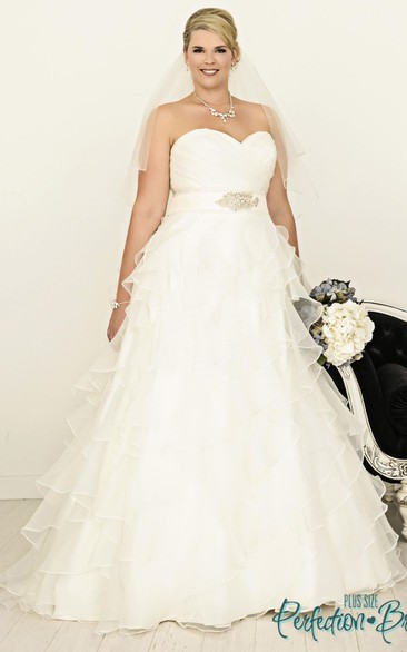 A-Line Ruffled Sweetheart Floor-Length Organza Plus Size Wedding Dress With Criss Cross And Tiers