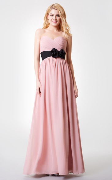 Sweetheart Ruched Floral Backless A-line Long Chiffon Dress