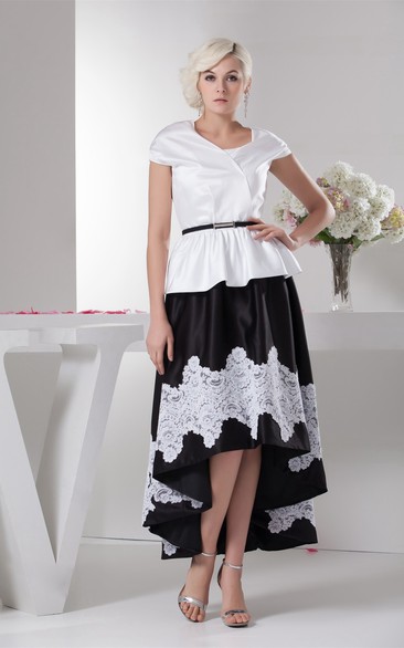 Black-And-White High-Low Caped-Sleeve Dress With Appliques