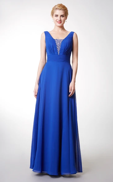 Fabulous V-neck Long Chiffon Dress With Crystal Detailing