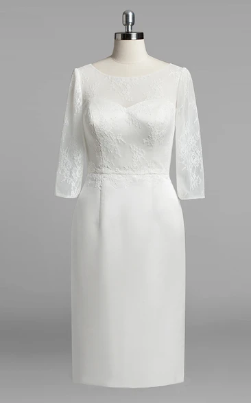 Scoop Neck 3-4 Sleeve Sheath Satin Wedding Dress With Lace Bodice