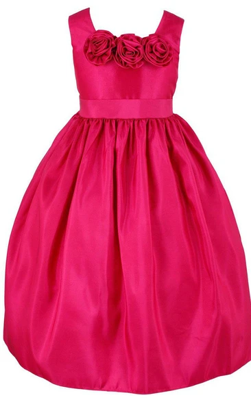 Sleeveless Square-neck A-line Dress With Flowers and Pleats