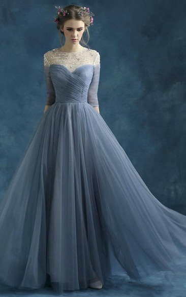 A-line Half Sleeve Long Draping Beading Tulle Dress