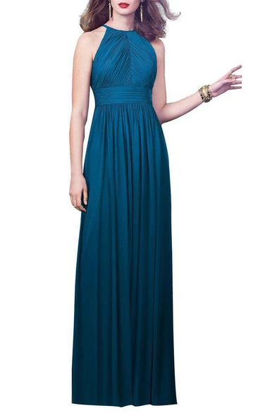 High-neck Ruched Floor-length Chiffon Dress