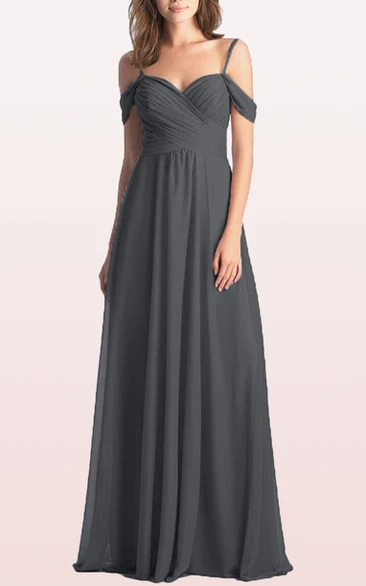 Off-the-shoulder A Line Sleeveless Floor-length Chiffon Bridesmaid Dress With Criss Cross