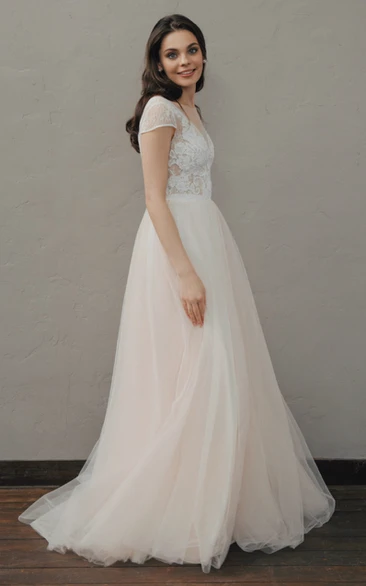 Elegant A Line Lace and Tulle V-neck Wedding Dress with Ruching