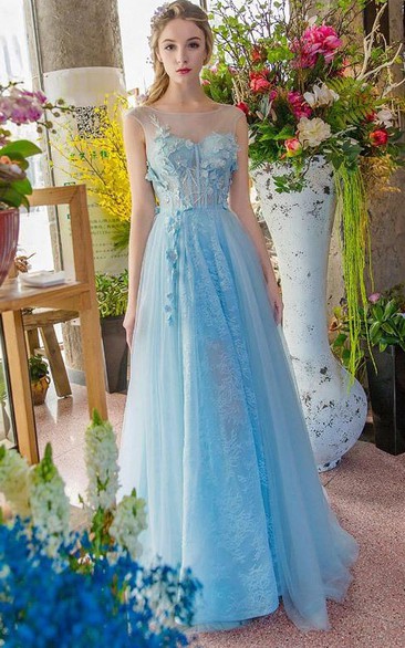 A-Line Bateau Appliques Beading Lace Sweep Train Prom Dress