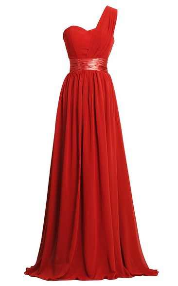 One-shoulder Ruching Sweep Train With Satin Belt