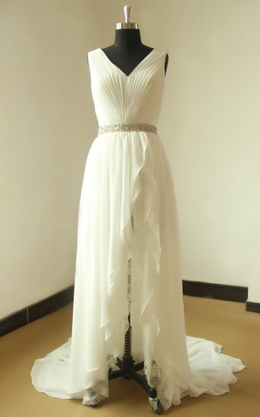 Chiffon Lace Weddig Dress With Beading Sash Ribbon