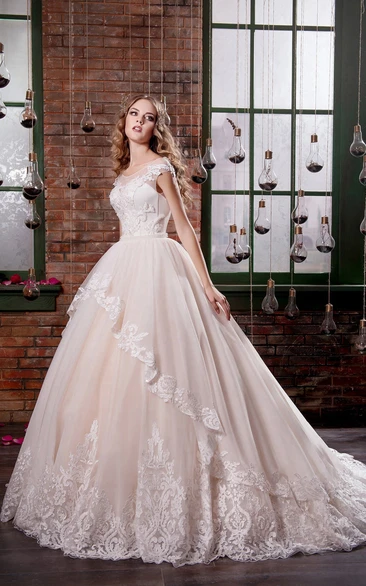 Ball Gown Long Scoop Short-Sleeve Illusion Tulle Dress With Appliques And Draping