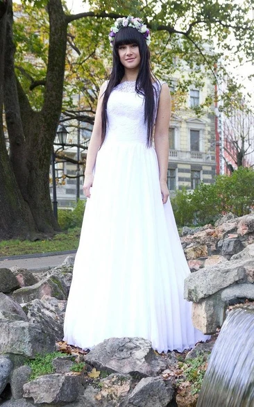 Pleated Sleeveless Chiffon A-Line Dress With Lace Bodice