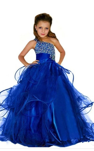 Ball Gown One-Shoulder Sleeveless Beaded Flower Girl Dress