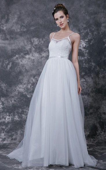 Sleeveless V-neck A-line Tulle Gown With Lace Bodice