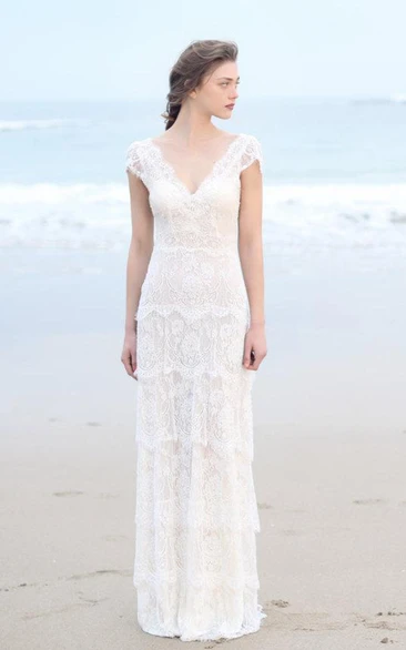 Plunged Sheath Cap-Sleeve Tired Boho Style Wedding Dress And Deep-V Back