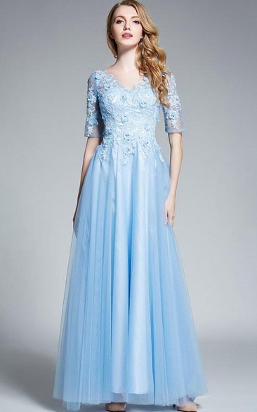A-Line V-Neck Half Sleeves Appliques Beading Prom Dress
