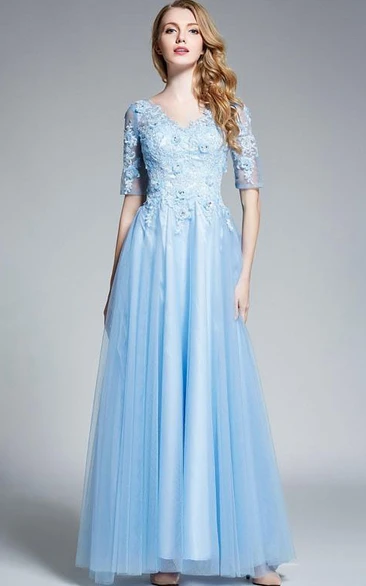 A-Line V-Neck Half Sleeves Appliques Beading Prom Dress