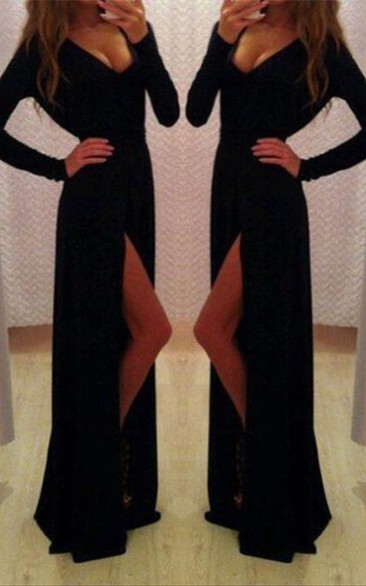 Sexy Black Long Sleeve V-Neck Prom Dresses Front Split Long