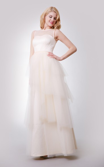 A-Line Floor Length Sleeveless Dress With Layered Skirt and Illusion Top