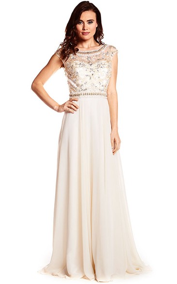 Beaded Bateau Neck Cap Sleeve Chiffon Prom Dress With Keyhole