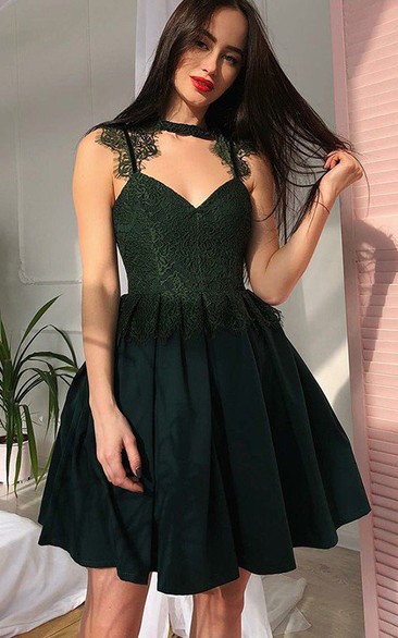 A-line Sleeveless Chiffon Lace High Neck V-neck Short Mini Homecoming Dress