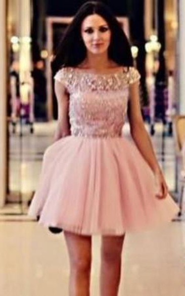 Lovely Pink Crystals Short Homecoming Dress Cap Sleeve