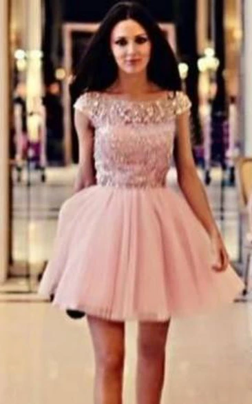 Lovely Pink Crystals Short Homecoming Dress Cap Sleeve