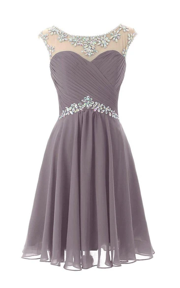 Cap-sleeved Chiffon Dress With Beading and Keyhole Back